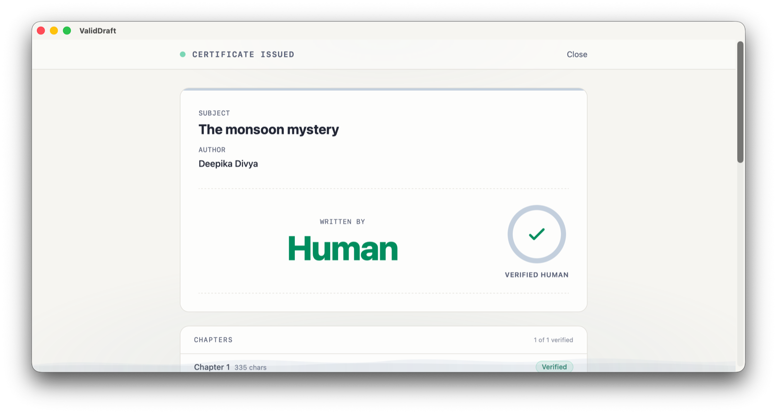 The public ValidDraft certificate: Certificate Issued, subject The monsoon mystery, author Deepika Divya, Written by Human with a Verified Human mark, and Chapters 1 of 1 verified.
